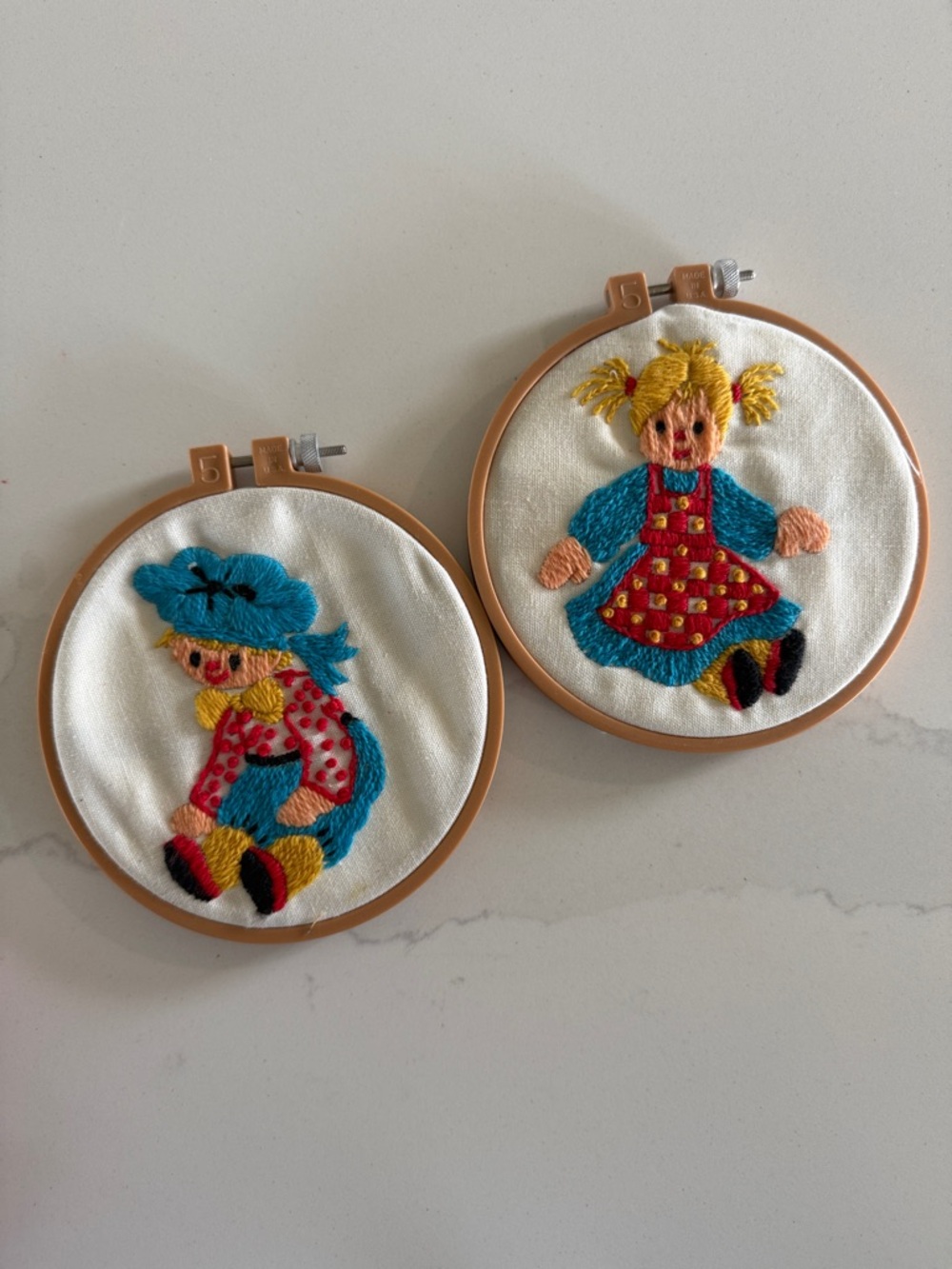 Vintage Raggedy Ann and Andy Hand-Embroidered Doll Hoop Art Pair.